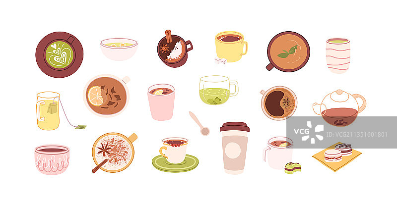 杯子、马克杯、碗和茶壶中的咖啡和茶图片素材
