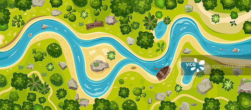 森林上方的河流景观航拍地图图片素材