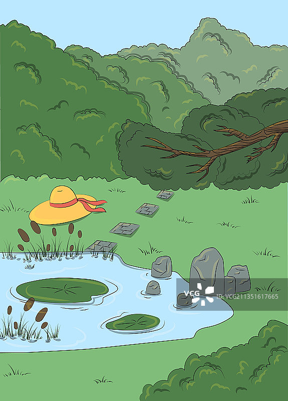 带湖泊和黄色帽子的夏季花园扁平风格图片素材