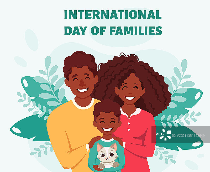 快乐的黑人家庭与儿子和猫父母图片素材