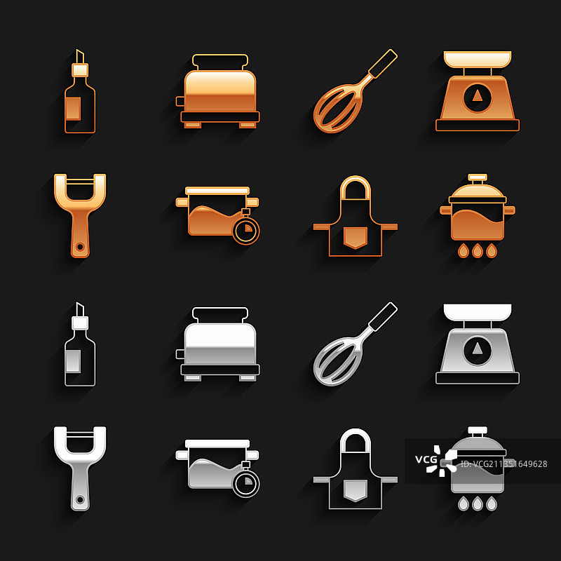 烹饪锅、厨房秤、厨房围裙和蔬菜图片素材