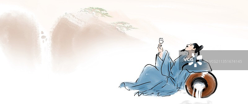 国风水墨人物插画诗人与酒山水间图片素材