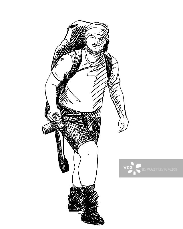 背着大背包拿着照相机的男人图片素材
