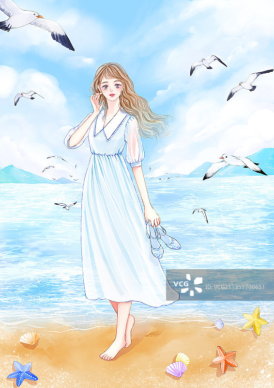 插图夏天的海滩上一个蓝色连衣裙的少女图片素材
