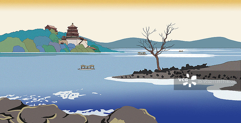 中国风新中式复古浮世绘风北京颐和园圆明园古风皇家园林插画图片素材