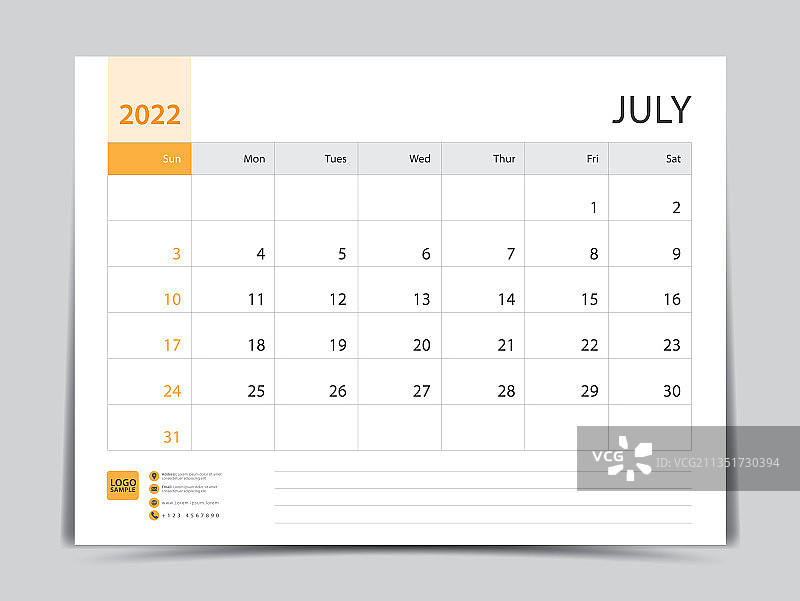 2022年月度日历模板 - 7月图片素材