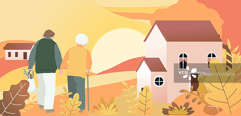 重阳节牵着手郊游的老夫妇图片素材