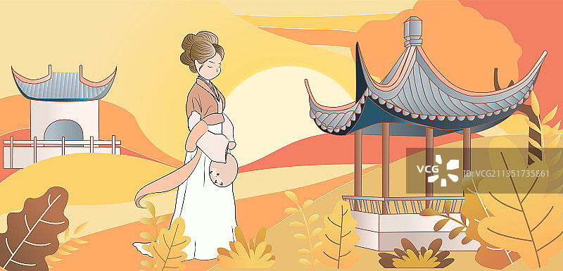 秋天背景的古装女孩矢量插画图片素材