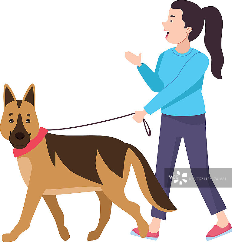 与德国牧羊犬一起散步的女人图片素材