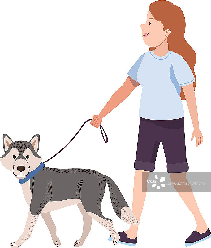 和西伯利亚哈士奇一起行走的女人图片素材
