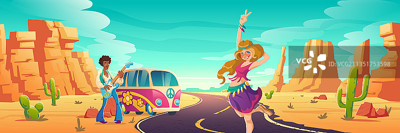 沙漠公路上的嬉皮士：和平与爱图片素材