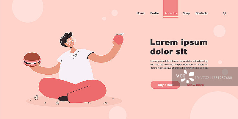 戴眼镜的男人在水果和垃圾食品之间选择图片素材