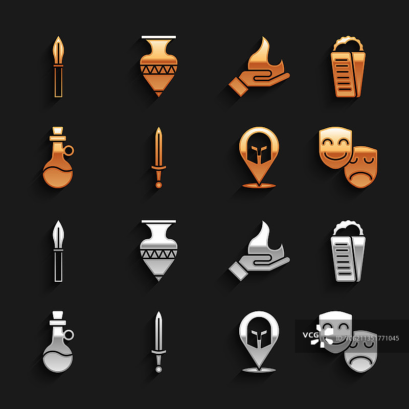 中世纪剑、陀螺仪、皮塔饼、希腊喜剧素材图片素材