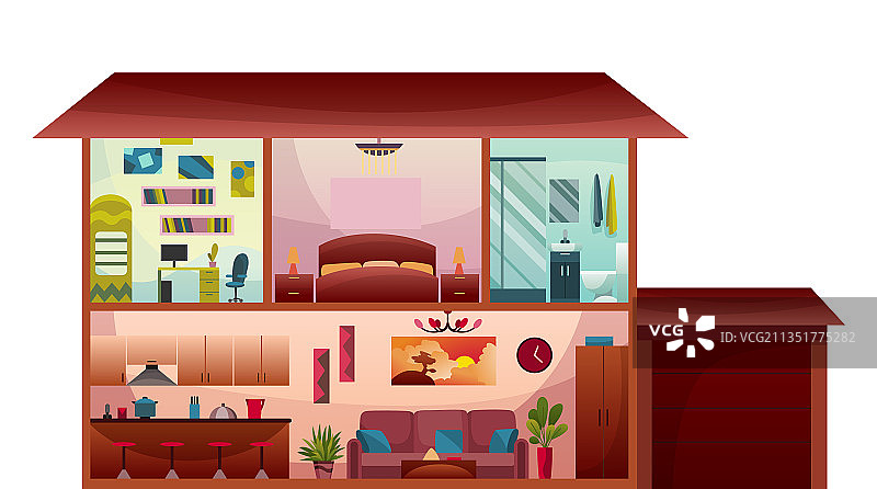 双层小屋剖面内部结构图片素材