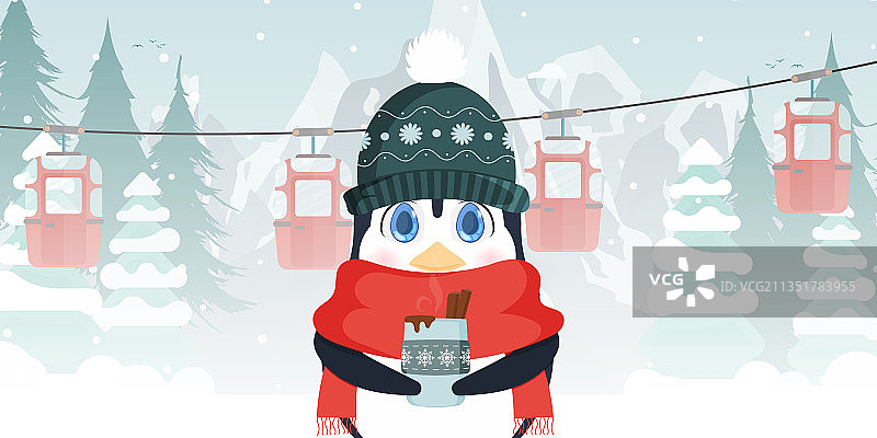 戴冬季帽子和围巾的可爱小企鹅图片素材