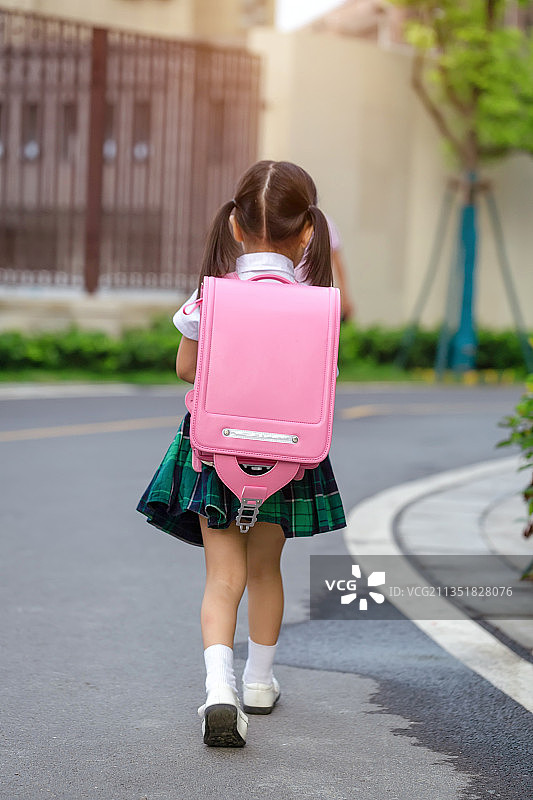 路上背书包的小学生背影图片素材