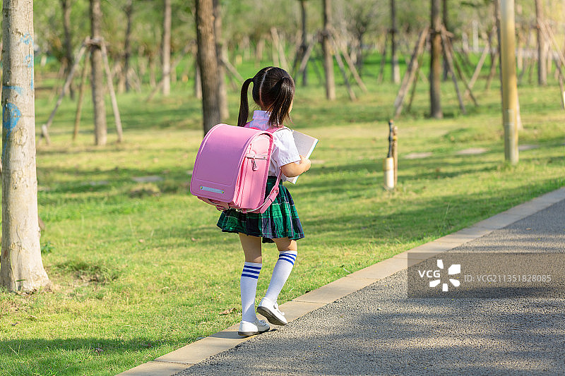 背着书包走在放学路上的小女孩背影图片素材