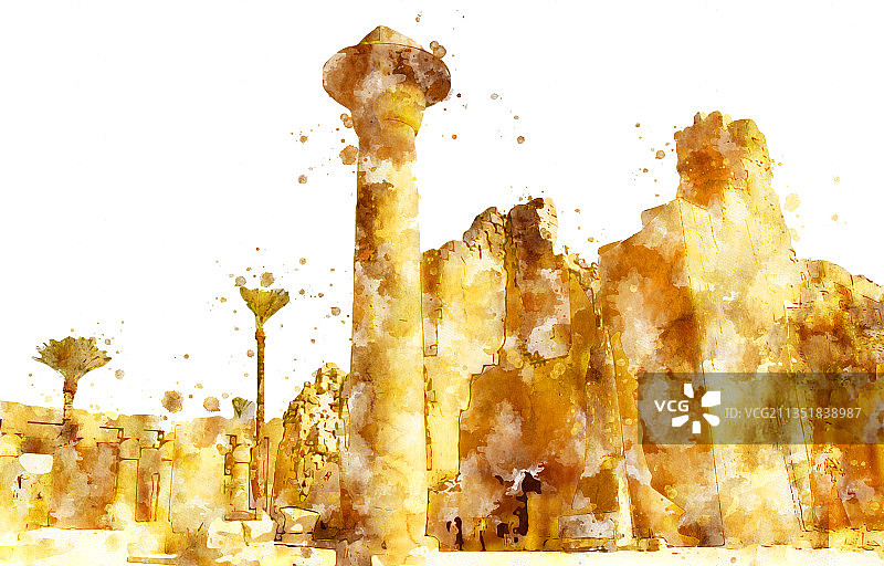 埃及神庙水彩画艺术画装饰画图片素材