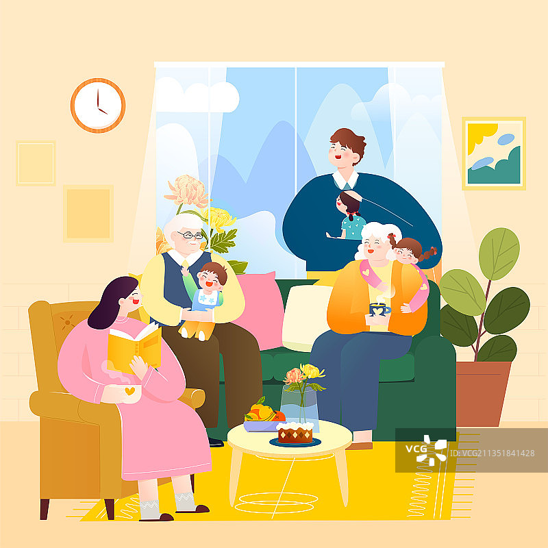 快乐的一家三代三孩家庭矢量插画图片素材