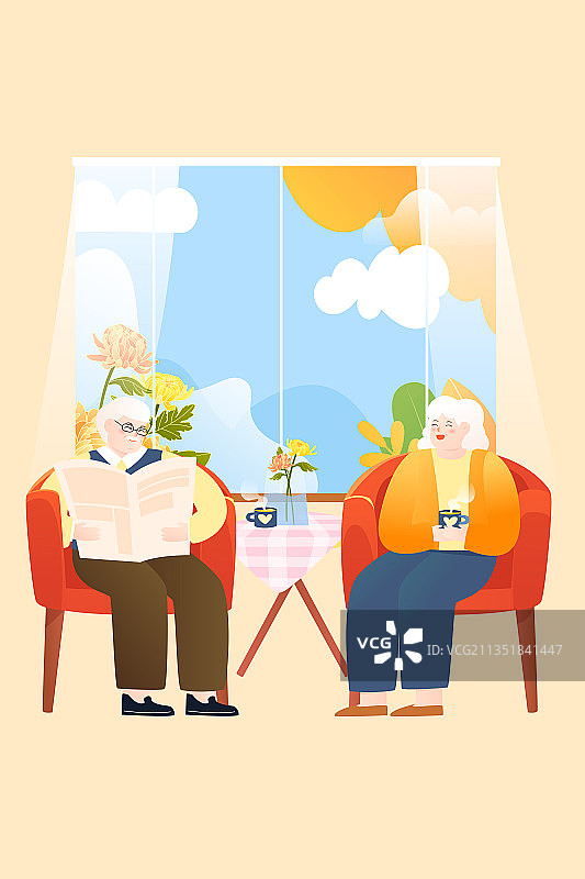一对老年夫妇坐在沙发上看报纸矢量插画竖图图片素材