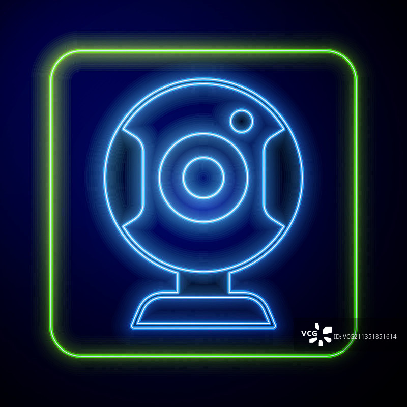 蓝色背景上发光的霓虹网络摄像头图标图片素材