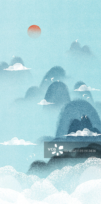 新中式山水插画图片素材