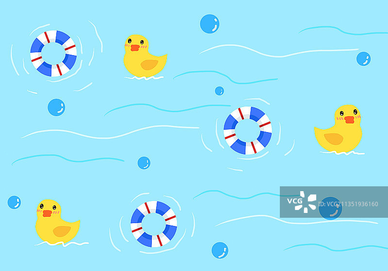 水池里的小鸭子和游泳圈图片素材