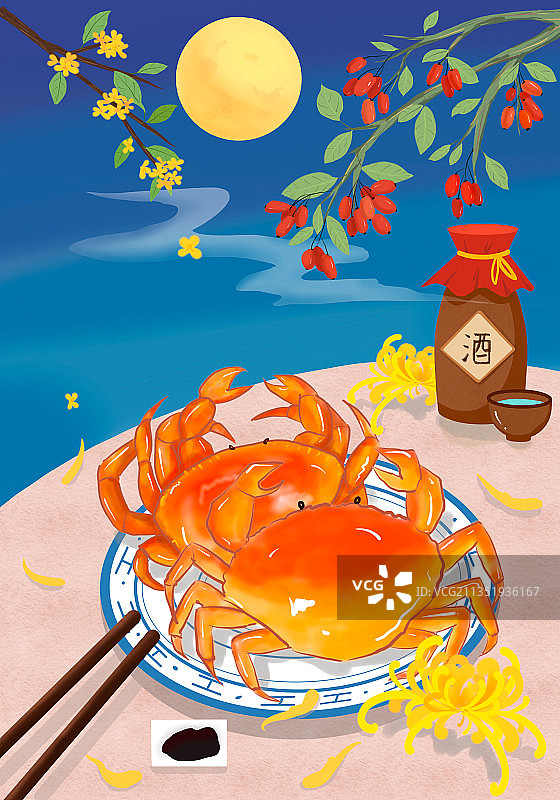 中秋节,螃蟹,桂花,插画,图片素材
