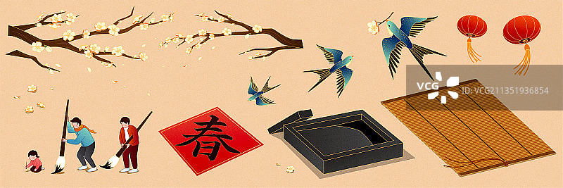 新春文房四宝与亚洲人事物元素图片素材