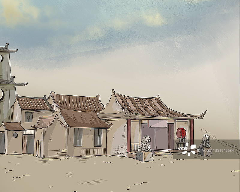 复古风民国古代房屋插画图片素材