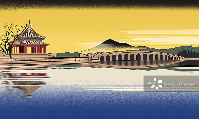 中国风新中式北京颐和园圆明园明清建筑浮世绘风山水画复古插画图片素材