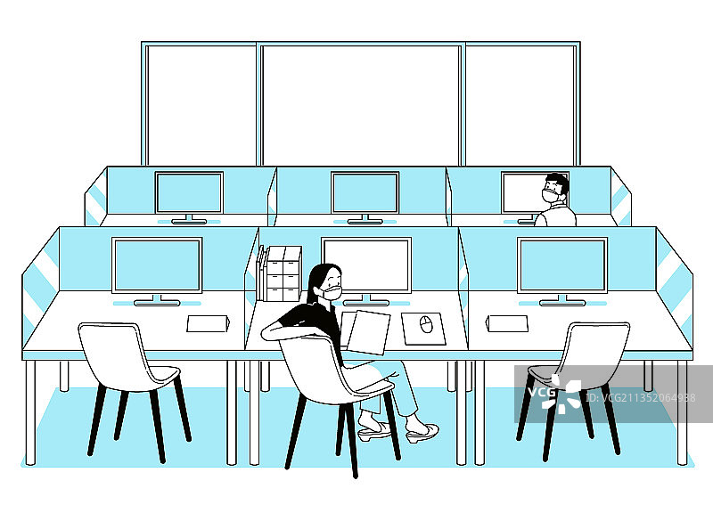 在办公室工作：带隔断和口罩，新冠时期图片素材