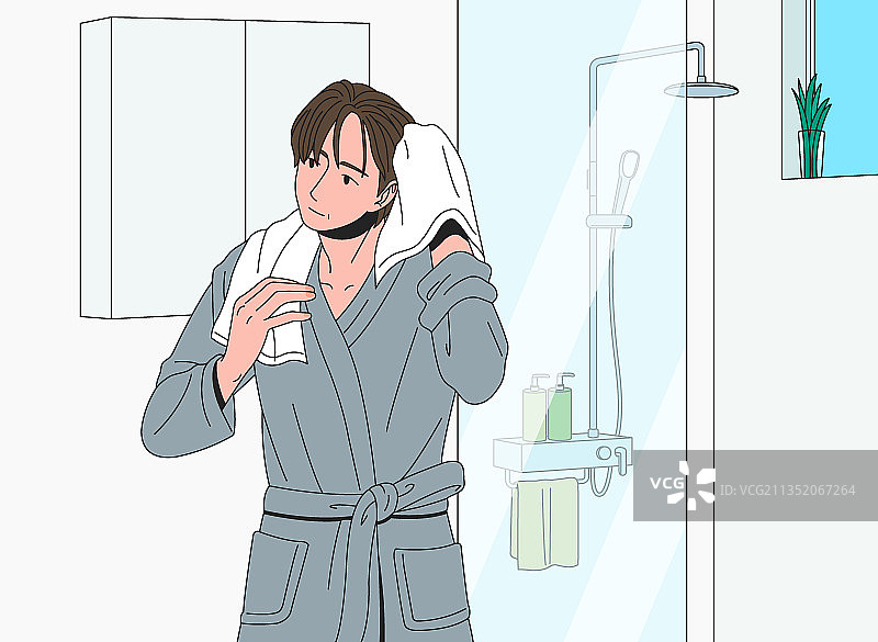 中年单身男人洗澡后吹干头发的一天图片素材