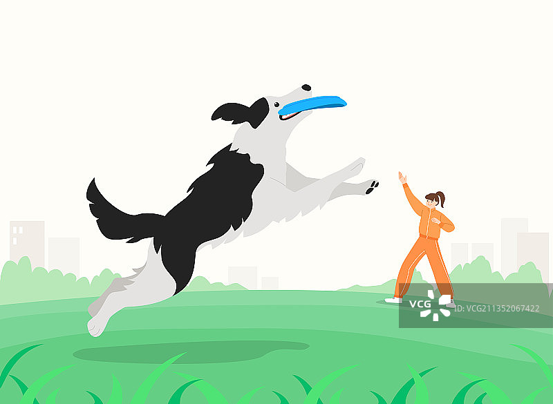 在公园里和狗玩飞盘的女人，宠物相伴的幸福生活图片素材