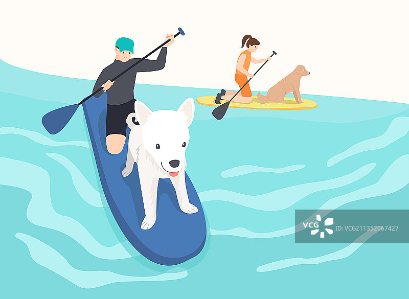 男人和女人与狗在海浪中享受桨板运动，宠物相伴的幸福生活图片素材