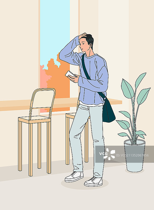 在秋季时尚中等待在会面地点咖啡馆的青年男人图片素材