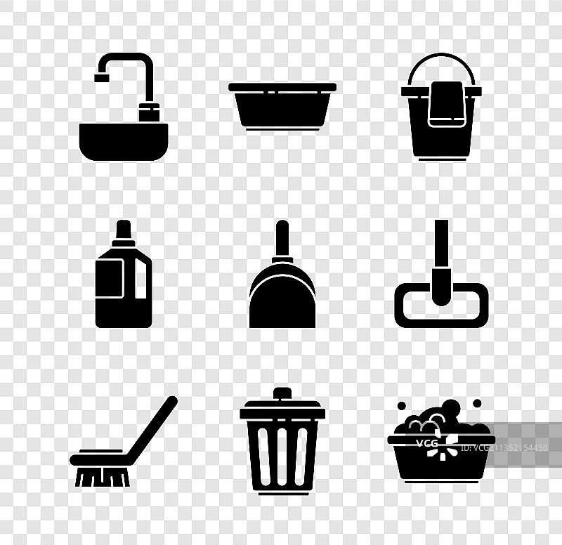 带水龙头的洗脸盆、塑料桶和抹布图片素材