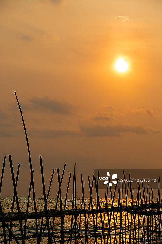 日落时海中木桩的轮廓图片素材