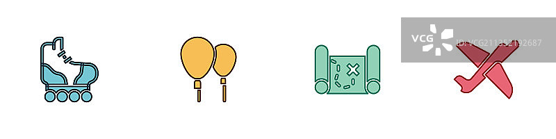 旱冰鞋、气球和海盗藏宝图图片素材