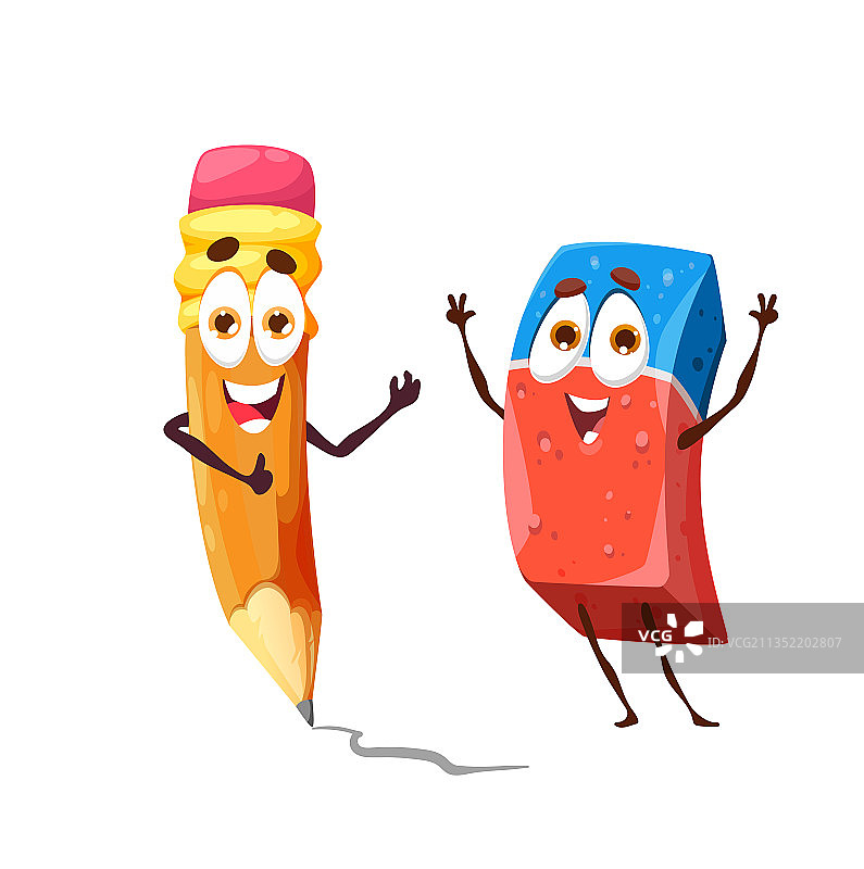 卡通趣味学校铅笔和橡皮擦角色图片素材