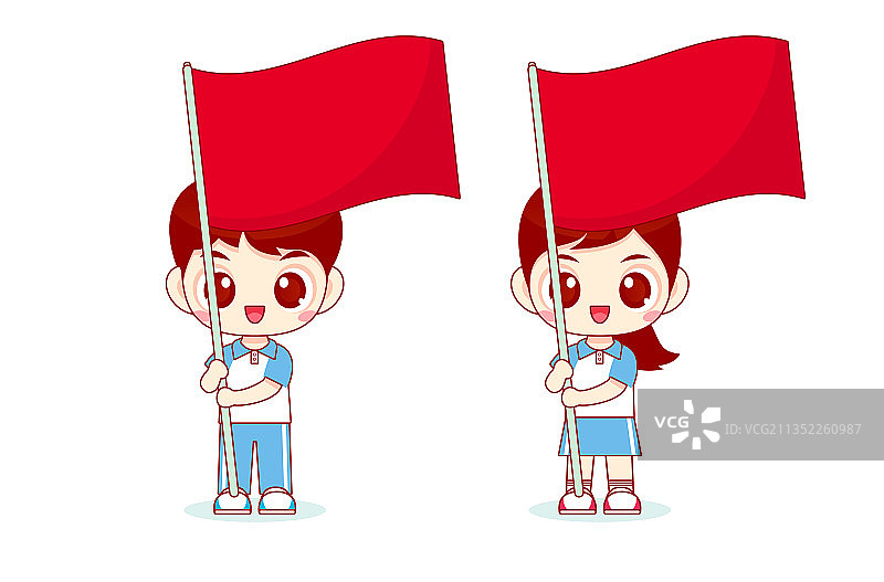 卡通举红旗学生矢量插画图片素材