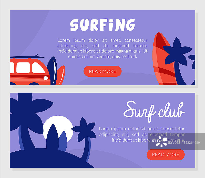 冲浪俱乐部与冲浪板和棕榈树网页设计图片素材