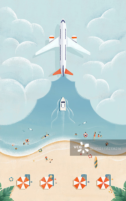 飞机划过天空的沙滩风景图片素材