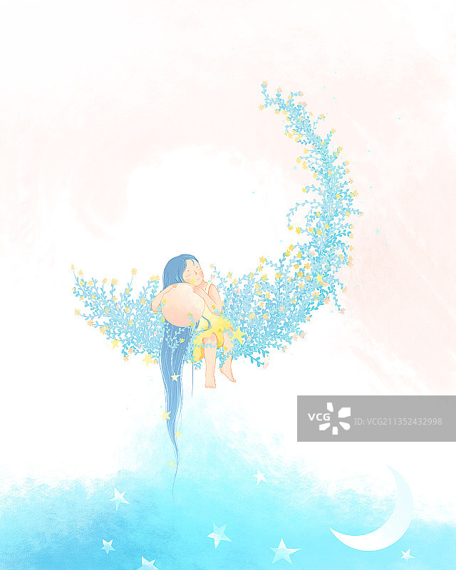 花朵月亮星星女孩安睡治愈梦幻插画图片素材
