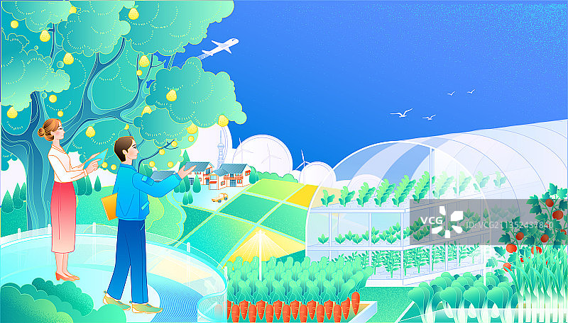 新农村蔬菜大棚果园农田蓝天人物矢量插画图片素材