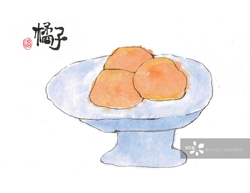 水墨设色国画小品 橘子摆盘图片素材