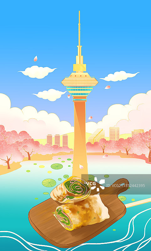中国风新中式天津市地标电视塔历史文化名城煎饼果子背景插画图片素材