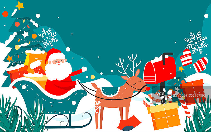 圣诞老人平安夜送礼物插画冬天下雪场景海报图片素材