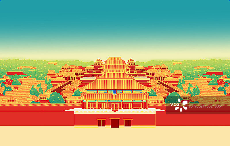 中国风新中式古风北京故宫紫禁城古代皇宫鸟瞰明清建筑背景插画图片素材