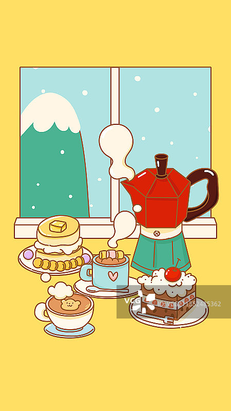 下雪天可爱的小蛋糕和咖啡矢量插画图片素材